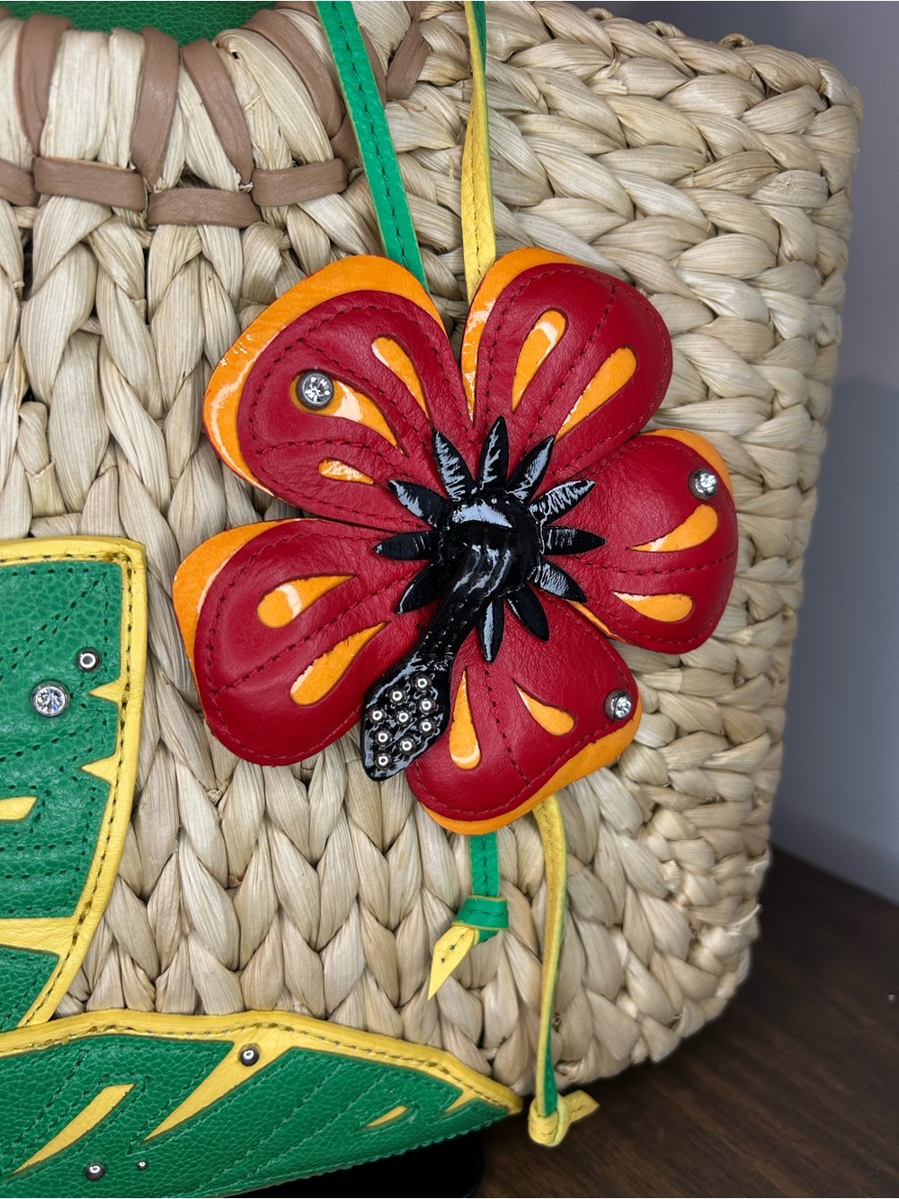 Brighton Woven Hula Straw Tote with Green Leaf Appliqué & Red Flower Charm - Picture 4 of 17
